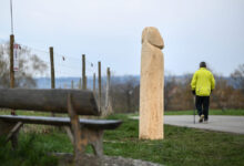 Unbekannte stellen Holz Penis auf