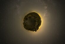 floating rock on galaxy illustration