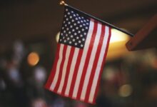 selective focus photography of USA flaglet