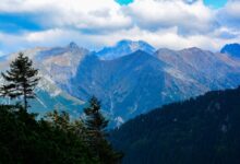 green trees near mountain under white clouds and blue sky during daytime