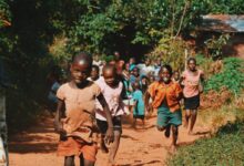 children running and walking on brown sand surrounded with trees during daytime
