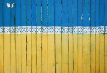 yellow and blue wooden fence