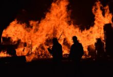 people walking near fire