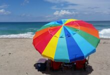 green and yellow umbrella on beach during daytime
