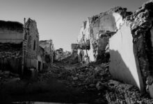 grayscale photo of concrete houses