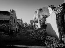 grayscale photo of concrete houses
