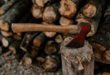 brown Axe on wood log
