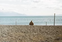 person sitting on brown sand near body of water during daytime