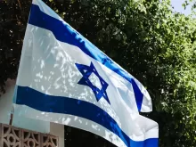 a flag flying in the wind with trees in the background