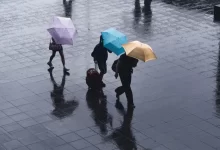 selective color photography of three person holding umbrellas under the rain