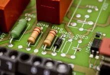 a close up of a circuit board with some electronic components