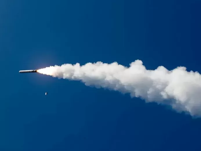 A tomahawk cruise missile launches from the Arleigh Burke-class guided-missile destroyer USS Shoup