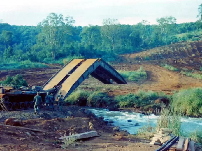 VEHICLE LAUNCHED BRIDGE SPANNING THE RIVER ON HIGHWAY 509