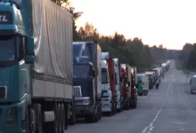 Queue of trucks, Estonian border into Russia