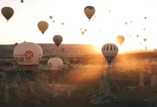 Hot air balloons flying over the landscape at sunset