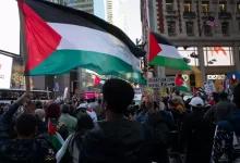 a crowd of people holding flags and signs