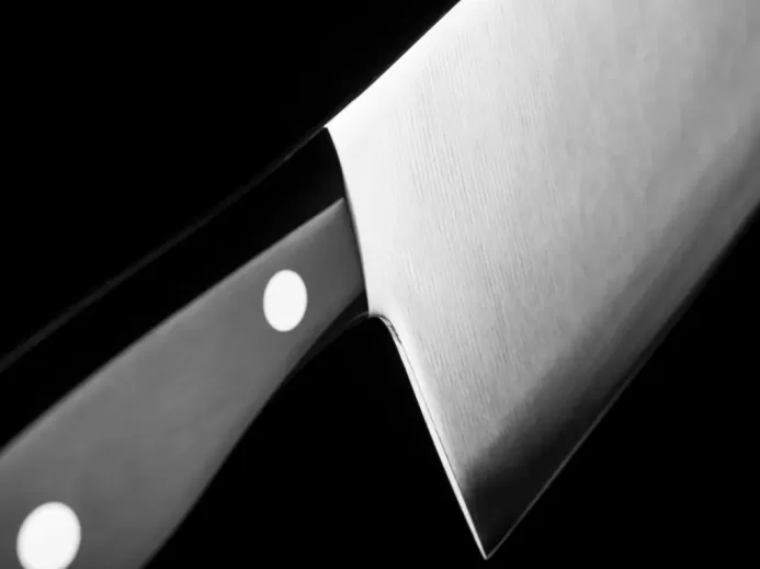 grayscale photo of gray cleaver with black handle