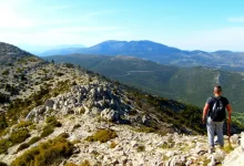 man in black t-shirt and blue denim shorts walking on rocky mountain during daytime