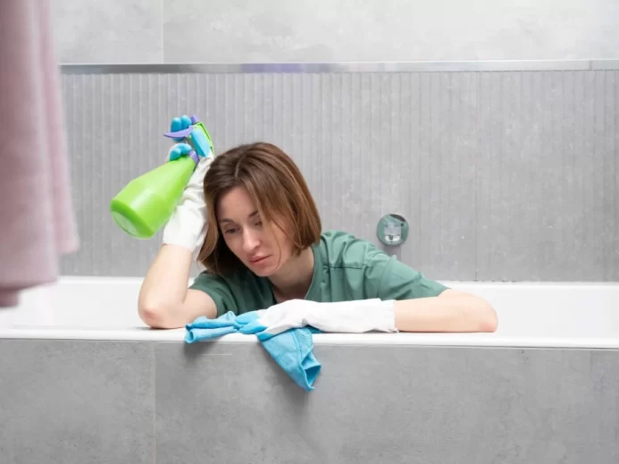 Žena je unavená z čištění špinavých povrchů v koupelně