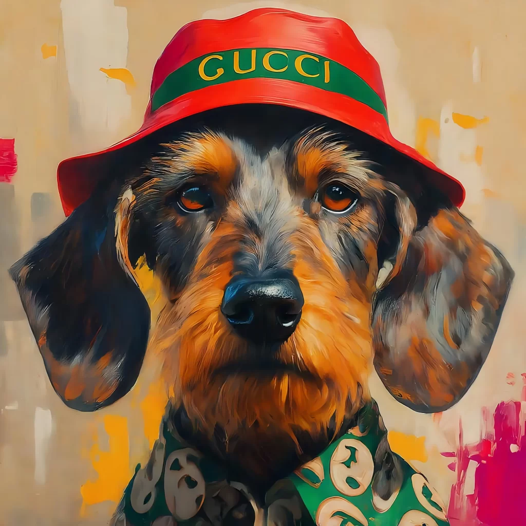 Gucci je módní značkou s dlouholetou tradicí. Zdroj: Shutterstock - Pravda24 Pes s Gucci kloboučkem a oblečením.