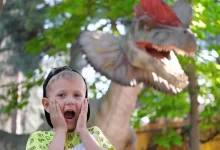 Překvapený chlapec v dinoparku