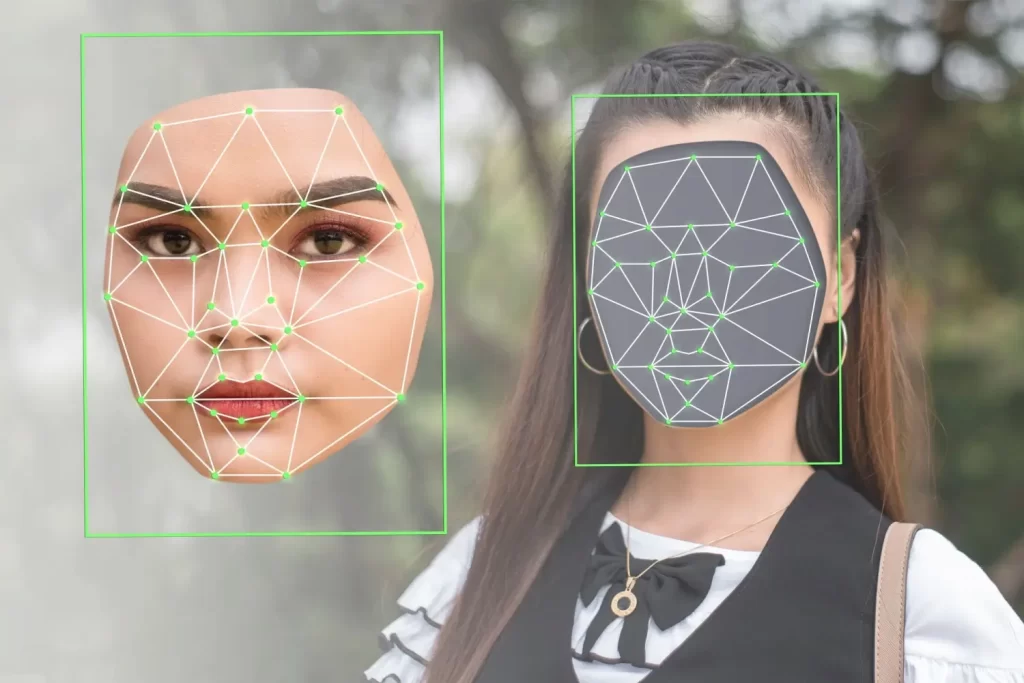 - Pravda24 Digitální znázornění struktury obličeje ženy s vyznačenými body pro generování deepfake videa