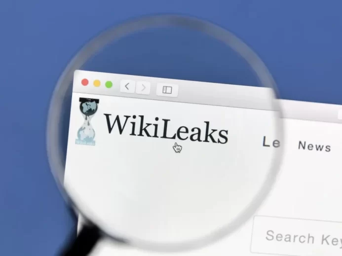 Detail loga WikiLeaks zobrazeného přes lupu na počítačové obrazovce