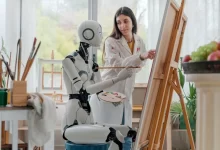 Žena umělá technologie robot malování obrazu