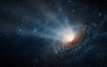 Detailní záběr na spirální galaxii v hlubokém vesmíru s jasným středem a proudy hvězdného prachu