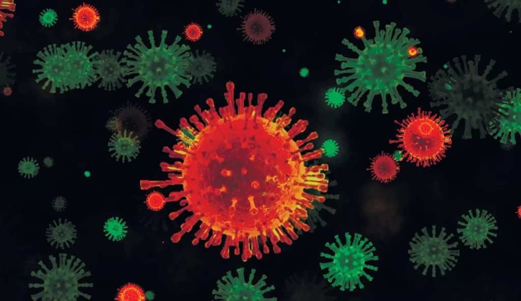 - Pravda24 Abstraktní světlé vícebarevné virové buňky plovoucí na tmavém pozadí. CoV virus