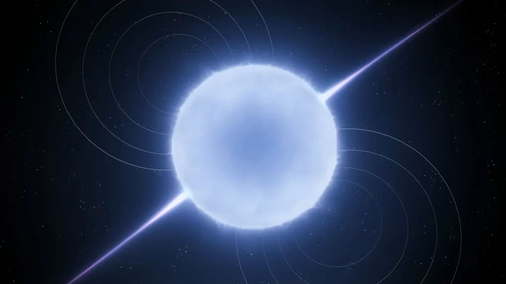 - Pravda24 Ilustrace pulzaru, tedy rychle rotující neutronové hvězdy, která vysílá paprsky energie do okolí