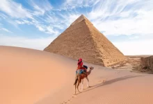 Pyramida v Egyptě a osoba na velbloudovi