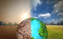 ilustrační obrázek klimatické změny - zeměkoule na půl zelená, vyživená, napůl vysušená a prázdná