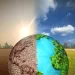 ilustrační obrázek klimatické změny - zeměkoule na půl zelená, vyživená, napůl vysušená a prázdná