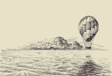 Ilustrace starého balonu plujícího nad mořskou hladinou, v pozadí oblak a klidné nebe, kresba v historickém stylu