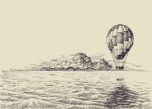 Ilustrace starého balonu plujícího nad mořskou hladinou, v pozadí oblak a klidné nebe, kresba v historickém stylu