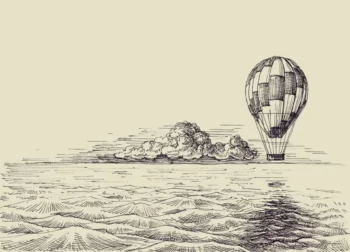 Ilustrace starého balonu plujícího nad mořskou hladinou, v pozadí oblak a klidné nebe, kresba v historickém stylu