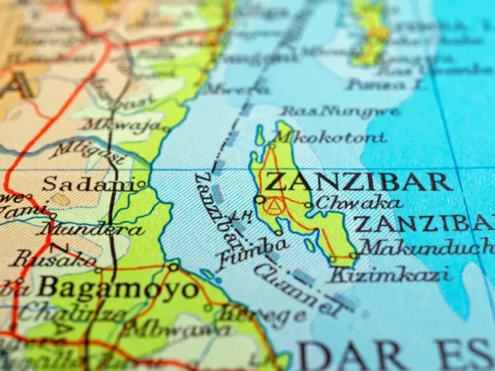 Mapa pobřeží východní Afriky s vyznačeným Zanzibarem