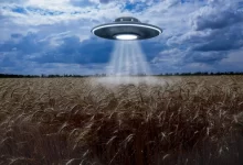 Ilustrace létajícího talíře nad obilným polem, inspirovaná fenoménem kruhů v obilí a častými popisy pozorování UFO na venkově