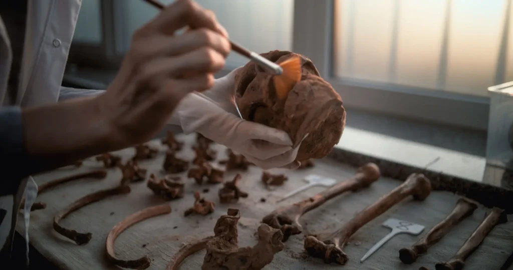 Žena v laboratoři čistí kosti
