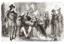 Historická rytina zobrazující francouzského krále Karla VII. a jeho oficiální milenku Agnès Sorel mezi dvořany