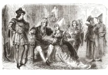 Historická rytina zobrazující francouzského krále Karla VII. a jeho oficiální milenku Agnès Sorel mezi dvořany