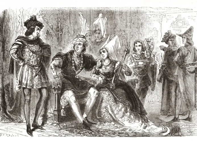 Historická rytina zobrazující francouzského krále Karla VII. a jeho oficiální milenku Agnès Sorel mezi dvořany