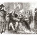 Historická rytina zobrazující francouzského krále Karla VII. a jeho oficiální milenku Agnès Sorel mezi dvořany