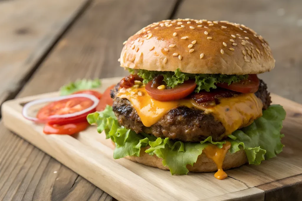 Hamburger na dřevěném prkénku