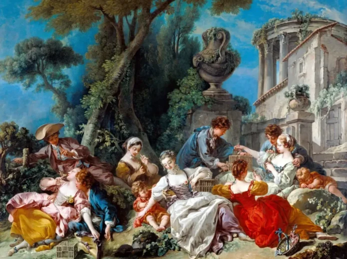 Barokní malba zobrazující skupinu žen a mužů v elegantních šatech uprostřed přírody