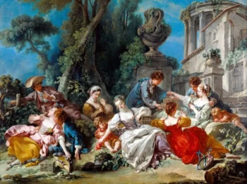 Barokní malba zobrazující skupinu žen a mužů v elegantních šatech uprostřed přírody