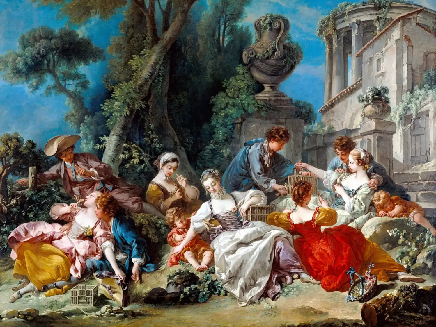 Barokní malba zobrazující skupinu žen a mužů v elegantních šatech uprostřed přírody