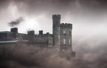 Silueta hradu vystupující z mlhy