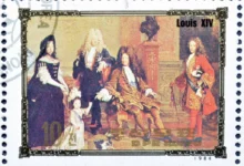 Malba zobrazující Ludvíka XIV. a osoby z jeho dvora. Postavy jsou oblečené v bohatých oděvech typických pro 17. století, s výraznými parukami, krajkami a zdobenými kabáty.